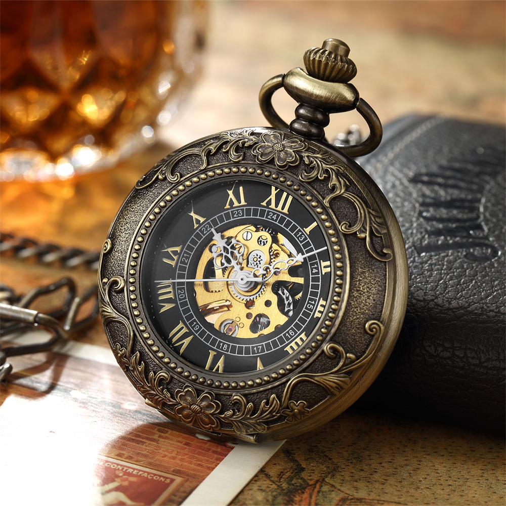 Vintage Fashion Labels - Vintage Skeleton Mechanical Pocket Watch Engraved